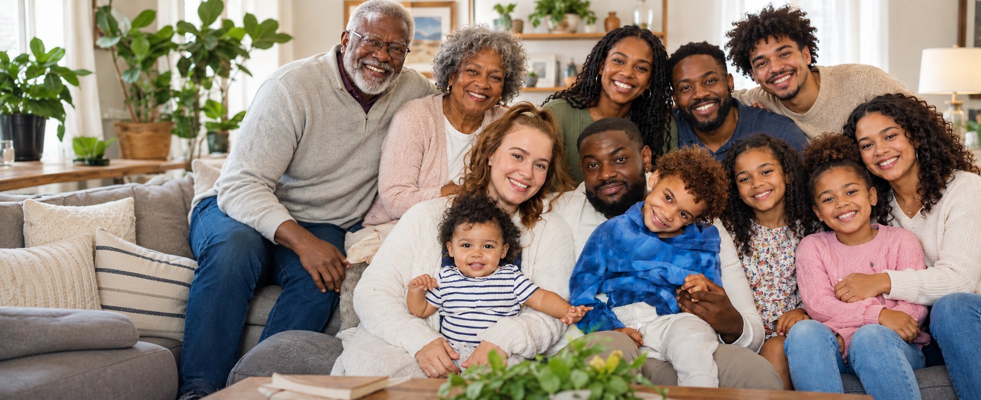 A large multigenerational family smiling together at home