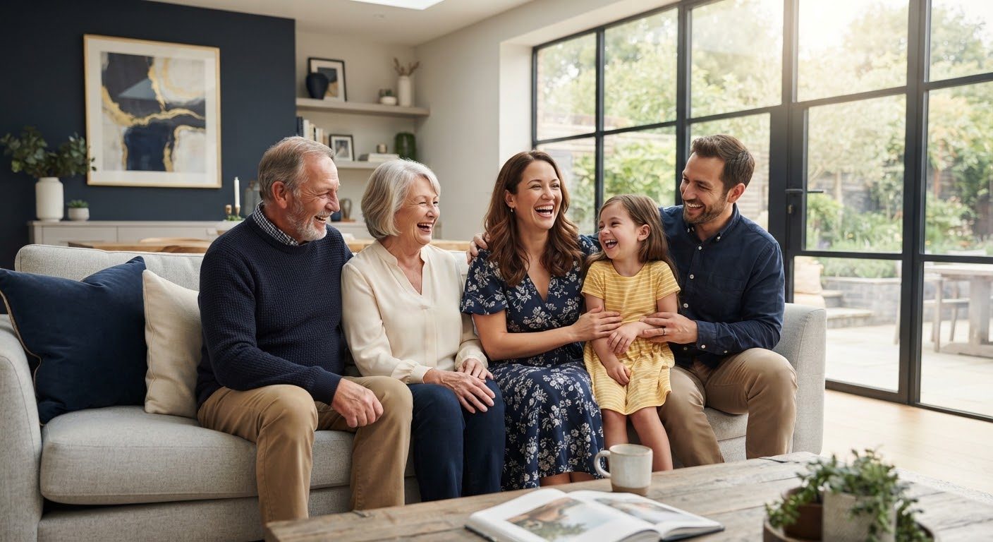 Three generations of a family laughing together at home